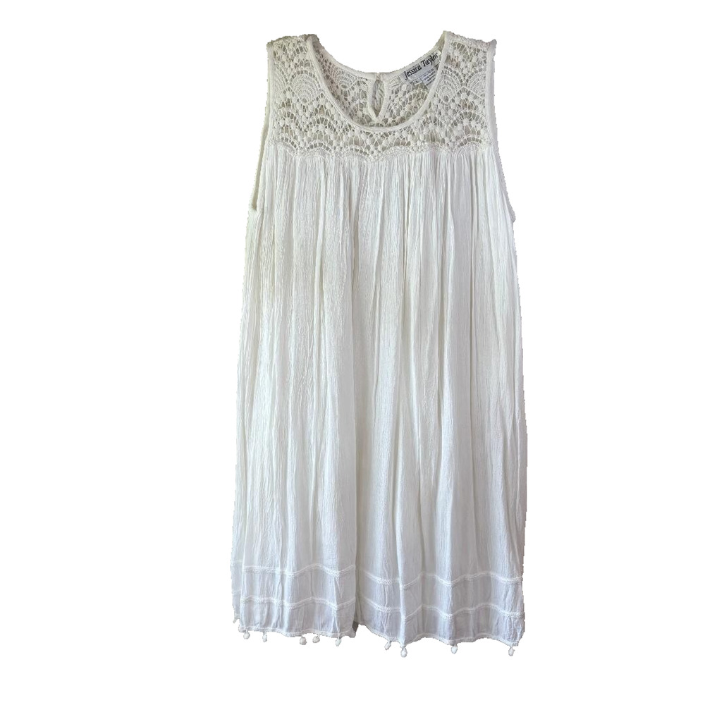Jessica Taylor‎ White Embroidered Dress/Beach Coverup Size L Boho Peasant